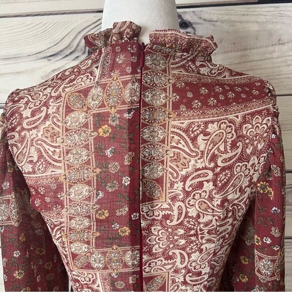 Polly Burgundy Patterned Ruffle Neck Long Sleeve Fit & Flare Dress - Picture 10 of 12